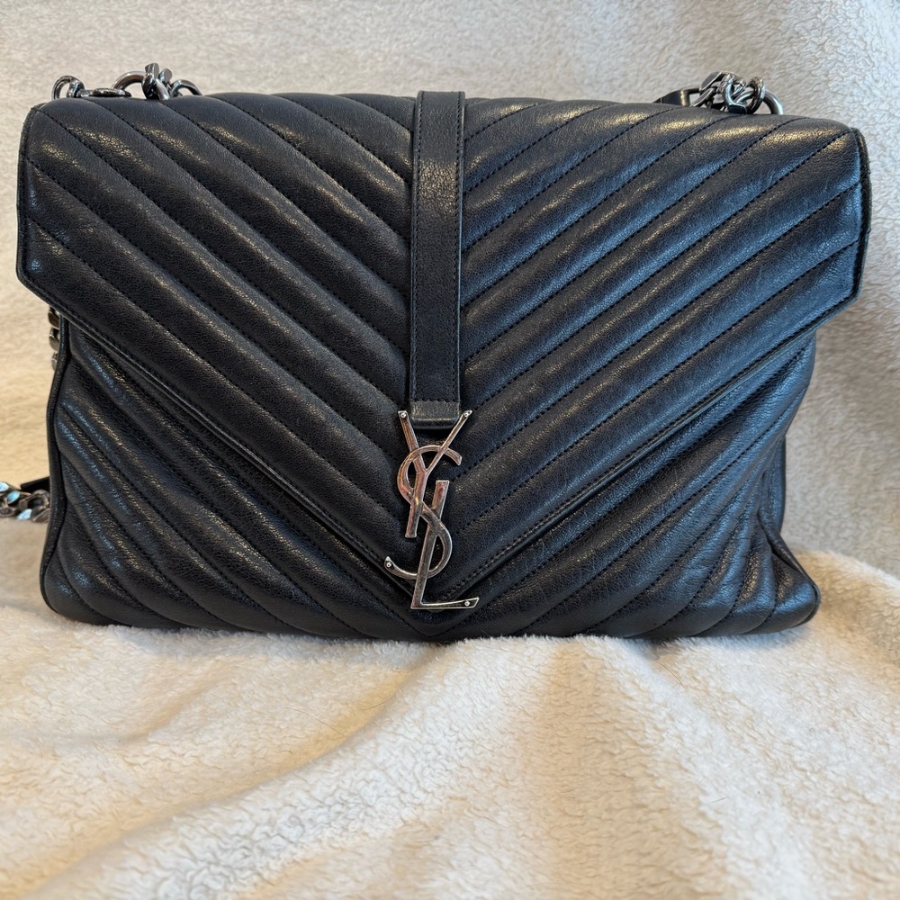 Saint Laurent College Large Flap YSL Shoulder Bag in Quilted Leather